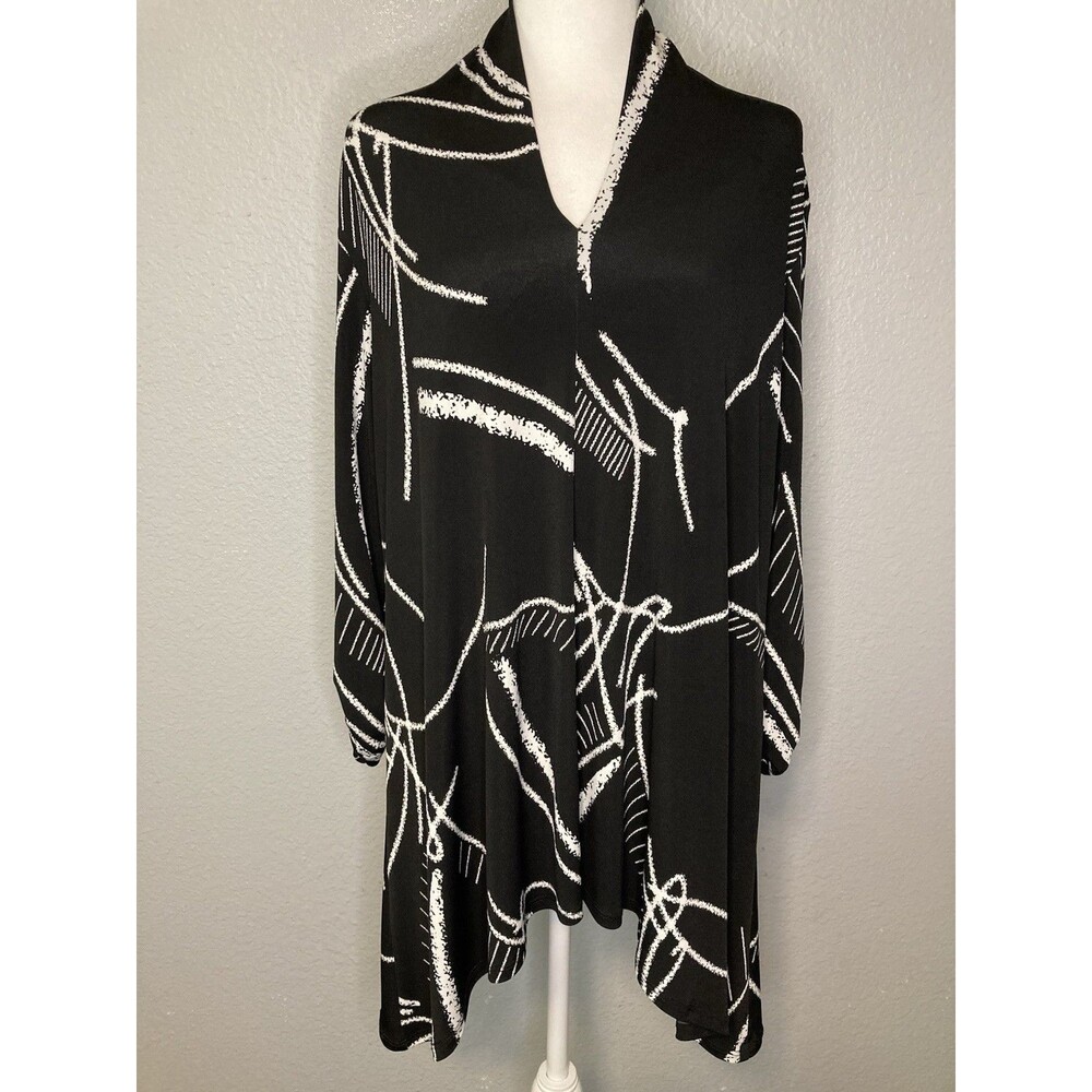 Clara Sun Woo Top Womens L Black Tunic Asymmetrical Hem Abstract Slinky V-Neck